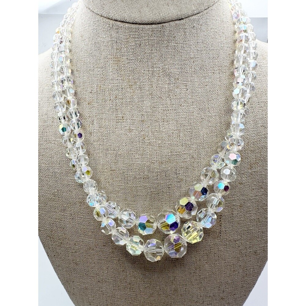 Vintage AB crystal double strand beaded necklace 19”